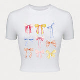 Qutie Camiseta De Manga Corta Para Mujeres Con Estampado De Mariposa Y Decoracion De Lazo