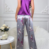 Conjunto De Pijama Para Mujer Con Camisola De Saten Y Pantalones Impresos De Flores