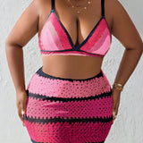 Slayr Conjunto De 3 Piezas De Traje De Bano De Talla Grande Con Bloques De Colores Y Rayas, Bikini Ropa De Bano Traje De Bano Para La Playa Verano