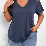 LUNE Plus Size Solid Color Distressed Off-Shoulder Short Sleeve T-Shirt