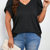 LUNE Plus Size Solid Color V-Neck Bell Sleeve T-Shirt