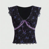 ROMWE Goth Top con estampado floral con encaje en contraste con cordon delantero de malla