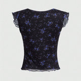 ROMWE Goth Top con estampado floral con encaje en contraste con cordon delantero de malla