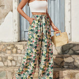 Frenchy Pantalones De Playa Mujeres Con Estampado Tropical Y Cordon De Verano