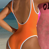 Swim SPRTY Traje de bano de una pieza Monokini de verano para mujer llano con bloque de color y detalles huecos para la playa