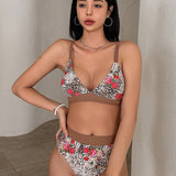 DAZY Conjunto de bikini con estampado floral y diseno de parches en V-cuello