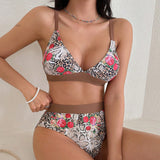 DAZY Conjunto de bikini con estampado floral y diseno de parches en V-cuello