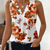 Blusa de mujer sin mangas y ajustada con diseno floral naranja y cuello en V, base blanca