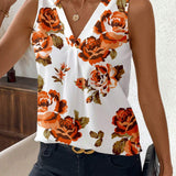 Blusa de mujer sin mangas y ajustada con diseno floral naranja y cuello en V, base blanca