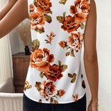 Blusa de mujer sin mangas y ajustada con diseno floral naranja y cuello en V, base blanca