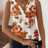 Blusa de mujer sin mangas y ajustada con diseno floral naranja y cuello en V, base blanca