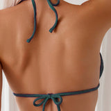 Swim Top de bikini halter con escote en V y detalle de anillo para trajes de bano de playa de verano
