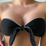 Swim Top De Bikini Negro De Moda Para Mujer Con Decoracion De Lazo