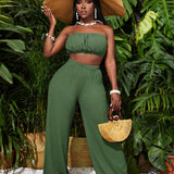 Slayr Conjunto de dos piezas de mujer para vacaciones de verano, compuesto por top casual con envoltura en el pecho y pantalones anchos extra largos de talla holgada en color verde estilo fideo arrugado-T