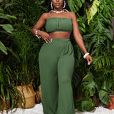 Slayr Conjunto de dos piezas de mujer para vacaciones de verano, compuesto por top casual con envoltura en el pecho y pantalones anchos extra largos de talla holgada en color verde estilo fideo arrugado-T