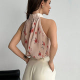 Blusa De Cuello Halter Elegante Para Mujeres Con Estampado Floral Que Adelgaza La Figura Y Lazos Traseros