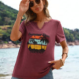 Camiseta De Punto De Vista Al Mar Y Con Patron De Palmeras Y Cuello En V Para Vacaciones De Primavera/verano