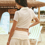 WYWH Conjunto De Top Y Falda Tejidos De Jacquard Asimetrico Y Transparente De Cintura Baja Para Mujer En Vacaciones