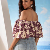 VCAY Top de banda de doble capa con doble volante y doble capa con impresion de flores bohemias para mujeres en vacaciones de verano