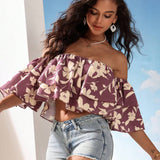 VCAY Top de banda de doble capa con doble volante y doble capa con impresion de flores bohemias para mujeres en vacaciones de verano