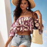 VCAY Top de banda de doble capa con doble volante y doble capa con impresion de flores bohemias para mujeres en vacaciones de verano