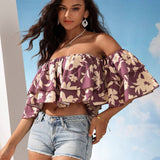 VCAY Top de banda de doble capa con doble volante y doble capa con impresion de flores bohemias para mujeres en vacaciones de verano