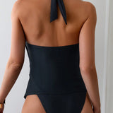 Swim Conjunto de tankini negro para mujer con cuello halter de la playa de verano y lazos