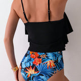 Swim Conjunto de tankini de mujer, parte superior de camisola lisa y Bottom de triangulo con estampado tropical