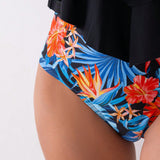 Swim Conjunto de tankini de mujer, parte superior de camisola lisa y Bottom de triangulo con estampado tropical