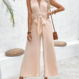 VCAY Solid Color V-Neck Pleated Wide Leg Jumpsuit