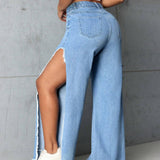 SXY Jeans De Pierna Recta Con Aberturas Laterales Y Dobladillo Crudo