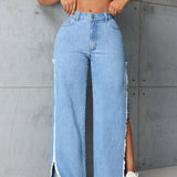 SXY Jeans De Pierna Recta Con Aberturas Laterales Y Dobladillo Crudo