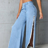 SXY Jeans De Pierna Recta Con Aberturas Laterales Y Dobladillo Crudo