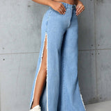 SXY Jeans De Pierna Recta Con Aberturas Laterales Y Dobladillo Crudo