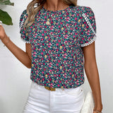 LUNE Romantica Camisa De Manga Con Petalos De Flores Con Estampado Floral, Ideal Para Primavera Y Verano