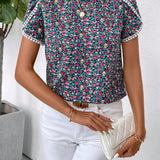 LUNE Romantica Camisa De Manga Con Petalos De Flores Con Estampado Floral, Ideal Para Primavera Y Verano