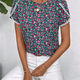 LUNE Romantica Camisa De Manga Con Petalos De Flores Con Estampado Floral, Ideal Para Primavera Y Verano