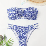 Set De Bikini De Estampado Floral Para Mujeres Con Frente Retorcido Con Diseno Aleatorio, Traje De Bano De Playa Estilo Bandeau Para El Verano