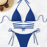 Swim Set De Traje De Bano De Dos Piezas Con Bikini Y Cuello Halter unicolor Para Damas, Traje De Bano De Playa Para Vacaciones De Verano