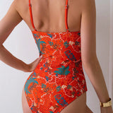 Swim Traje de bano de una pieza con tirantes de espagueti para mujer con estampado vintage, traje de bano de playa de verano