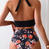 Swim Conjunto De Bikini Con Cuello Halter Y Volante Con Estampado Floral Para Mujer, Partes De Abajo Separadas, Traje De Bano De Tanquini Para La Playa En Verano