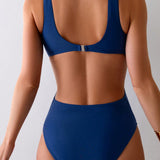 Swim Traje De Bano De Una Pieza Monocromatico Para Mujer, Con Corte Frontal, Escote En V Profundo Y Nudos Decorativos