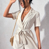 WYWH Solid Color Jumpsuit With Notched Collar Belt