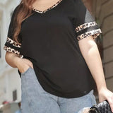 LUNE Plus Size Leopard Print Contrast Trim V-Neck T-Shirt