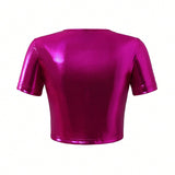 Camiseta Corta De Color Solido Para Mujer Con Cuello Calado