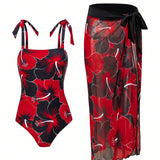 Swim Vcay Conjunto De 2 Piezas Para Mujer, Traje De Bano De Una Pieza Con Correas De Hombro Y Nudo En El Hombro Y Con Estampado Floral; Falda Larga Y Cubierta, Ideal Para Verano, Playa, Vacaciones, Piscina