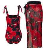 Swim Vcay Conjunto De 2 Piezas Para Mujer, Traje De Bano De Una Pieza Con Correas De Hombro Y Nudo En El Hombro Y Con Estampado Floral; Falda Larga Y Cubierta, Ideal Para Verano, Playa, Vacaciones, Piscina