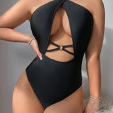 Swim Traje De Bano De Una Pieza Para Mujer Con Cuello Halter Cruzado Hueco unicolor