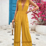 VCAY Woven Soft & Flowy Deep V-Neck Sleeveless Jumpsuit With Pockets, Waist Cinched & Lace Detailing, Fall