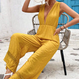 VCAY Woven Soft & Flowy Deep V-Neck Sleeveless Jumpsuit With Pockets, Waist Cinched & Lace Detailing, Fall